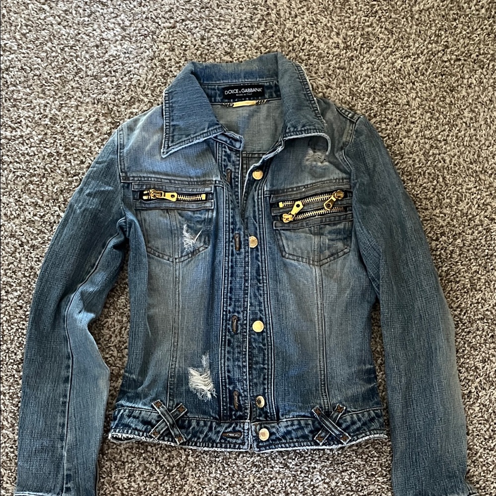 Dolce & Gabbana Distressed Blue Denim Jacket with Gold Details